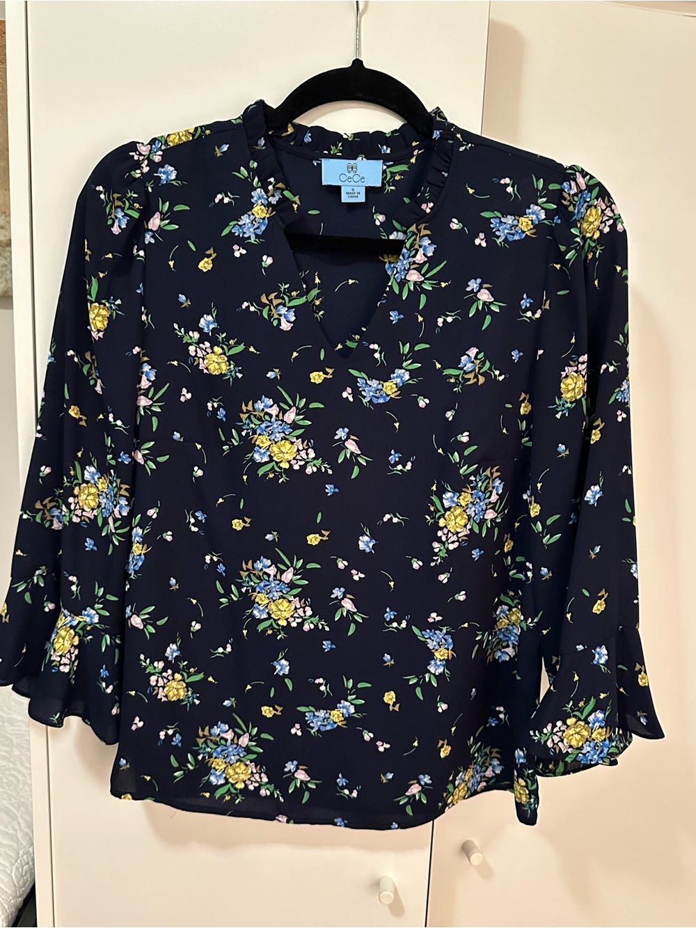 CeCe Navy Floral V-Neck Ruffle Sleeve Blouse